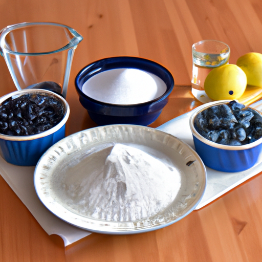 Fresh blueberries, sugar, and other ingredients laid out for making blueberry pie