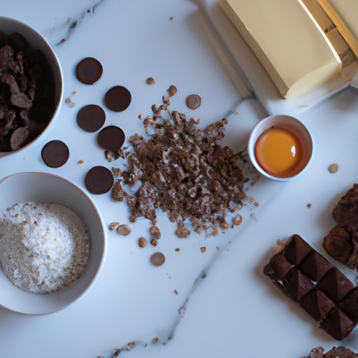 Ingredients for homemade chocolate cookies laid out on a kitchen counter