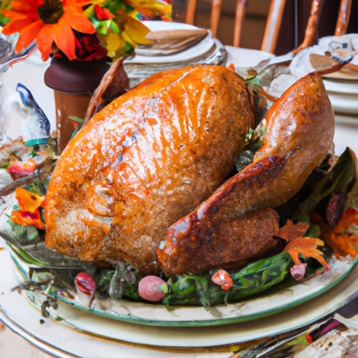 A festive Thanksgiving table setting with a beautifully roasted turkey as the centerpiece, surrounded by side dishes and decorations.